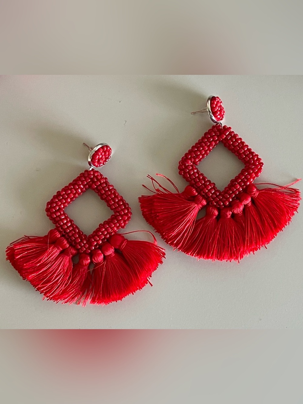 Anthropologie Red Beaded Tassel Drop Earrings - Women Jewelry